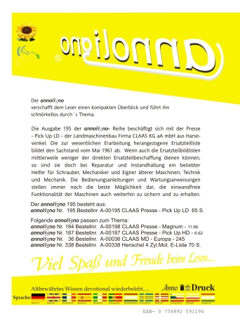 CLAAS Presse Typ Pick Up LD Bild- Ersatzteilliste & Explosionszeichnungen - annoligno 195 -